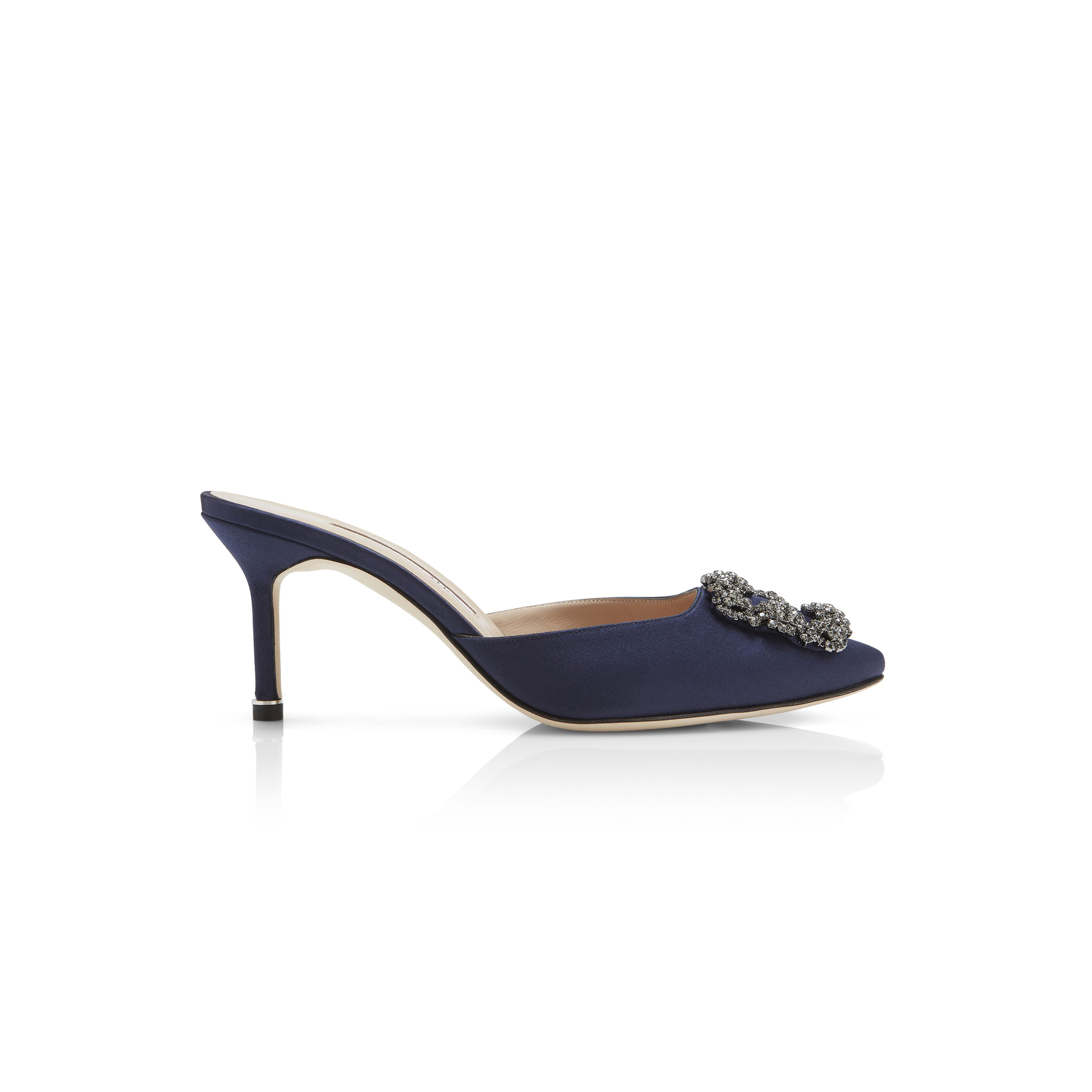 MANOLO BLAHNIK HANGISIMU NAVY BLUE SATIN JEWEL BUCKLE MULES 9XX-0726-0045
